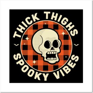 Thick Thighs Spooky Vibes Funny Halloween Skull Orange Plaid Posters and Art